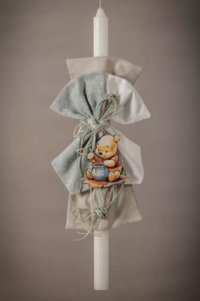Θεματική Λαμπάδα Βάπτισης Winnie the Pooh με Sage & Beige Υφάσματα | Custom Made
