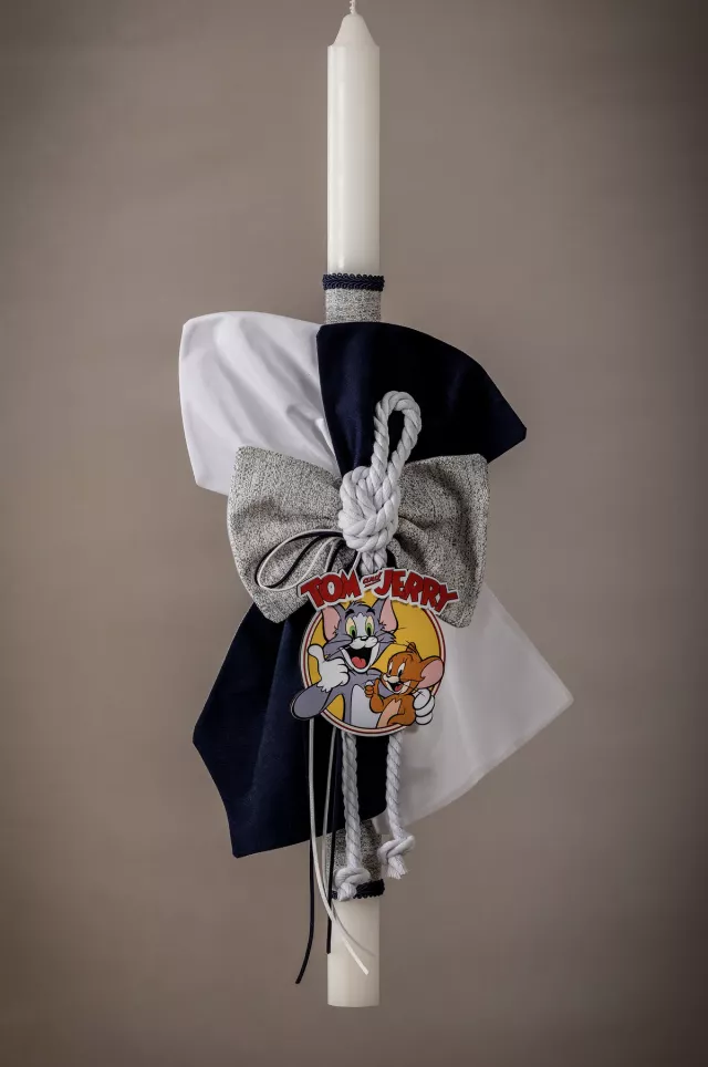 Λαμπάδα Βάπτισης Tom & Jerry με Navy & Grey Υφασμάτινους Φιόγκους | Custom Made