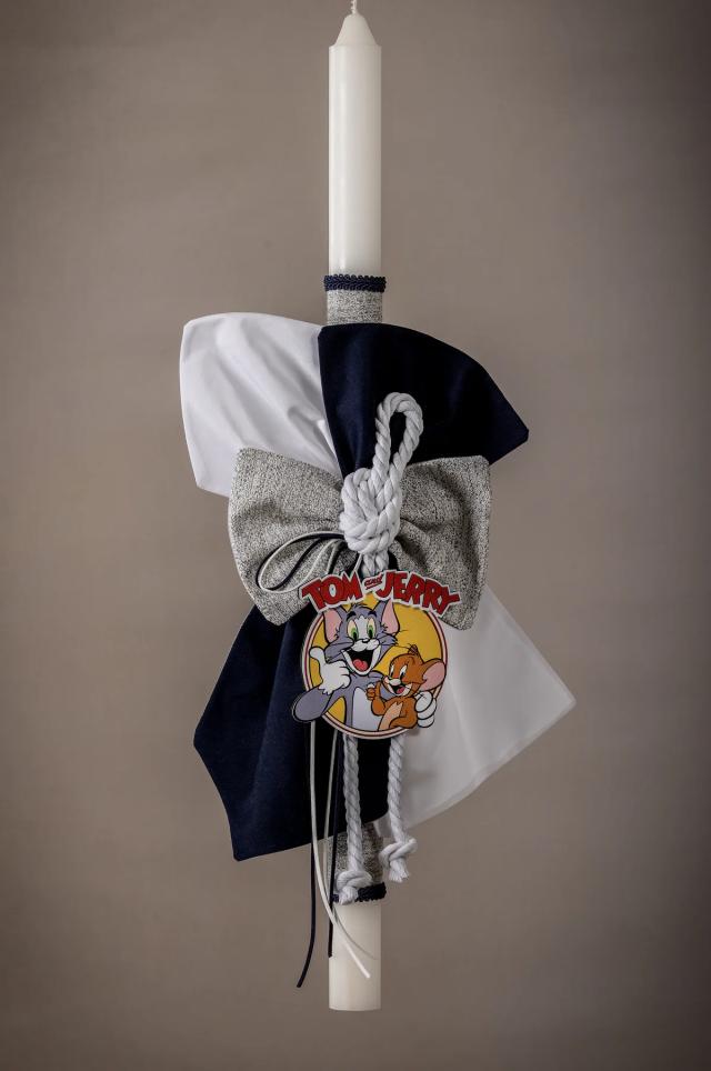 Λαμπάδα Βάπτισης Tom & Jerry με Navy & Grey Υφασμάτινους Φιόγκους | Custom Made