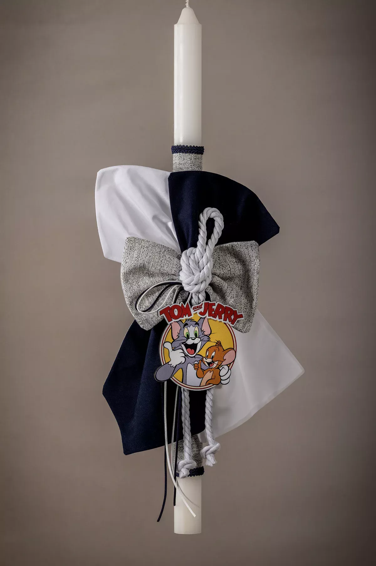 Λαμπάδα Βάπτισης Tom & Jerry με Navy & Grey Υφασμάτινους Φιόγκους | Custom Made - 1738