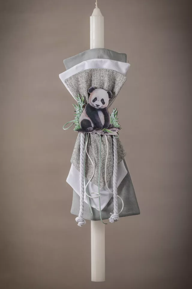 Minimal Boho Λαμπάδα Βάπτισης Panda με Sage & Grey Λεπτομέρειες | Custom Made