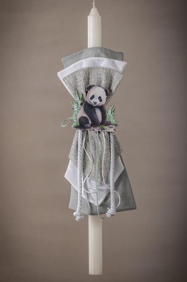 Minimal Boho Λαμπάδα Βάπτισης Panda με Sage & Grey Λεπτομέρειες | Custom Made