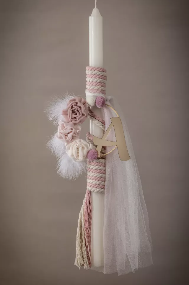 Boho Λαμπάδα Βάπτισης με Πλεχτά Σχοινιά και Ξύλινο Μονόγραμμα