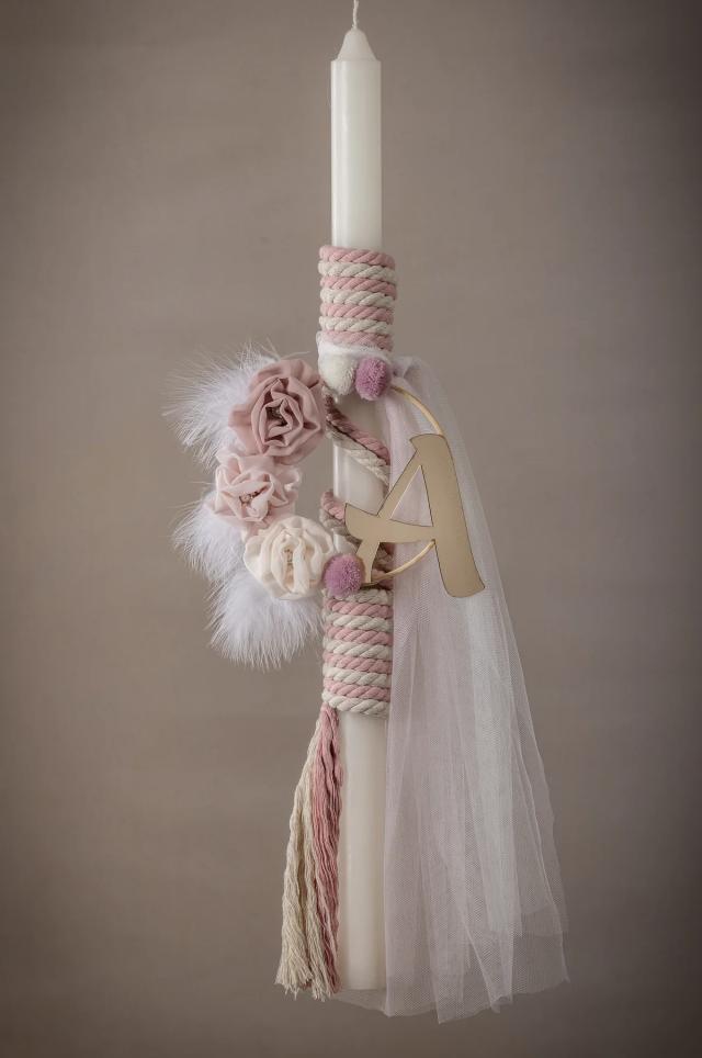 Boho Λαμπάδα Βάπτισης με Πλεχτά Σχοινιά και Ξύλινο Μονόγραμμα