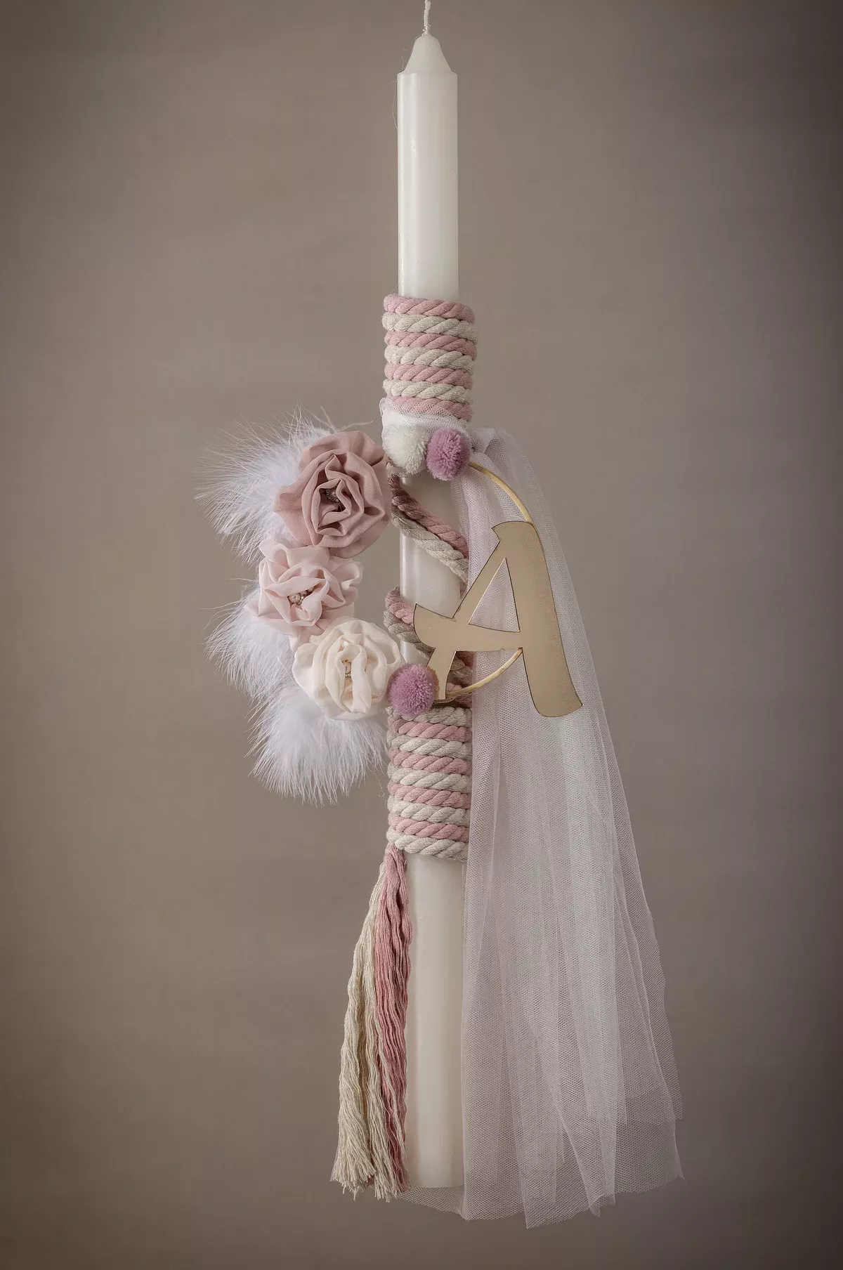 Boho Λαμπάδα Βάπτισης με Πλεχτά Σχοινιά και Ξύλινο Μονόγραμμα - 1705
