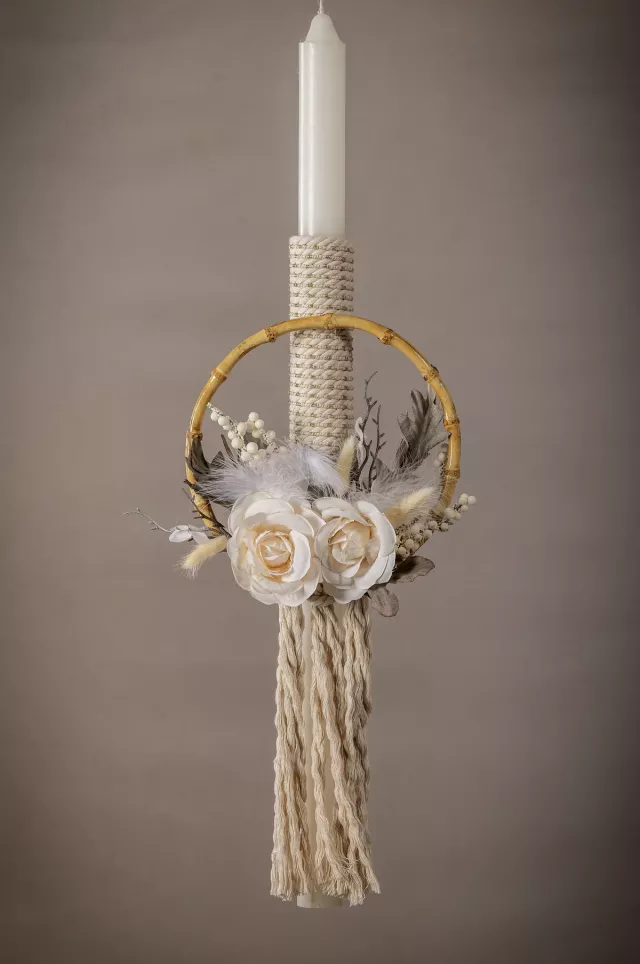 Boho Λαμπάδα Βάπτισης με Στεφάνι Bamboo & Μακραμέ