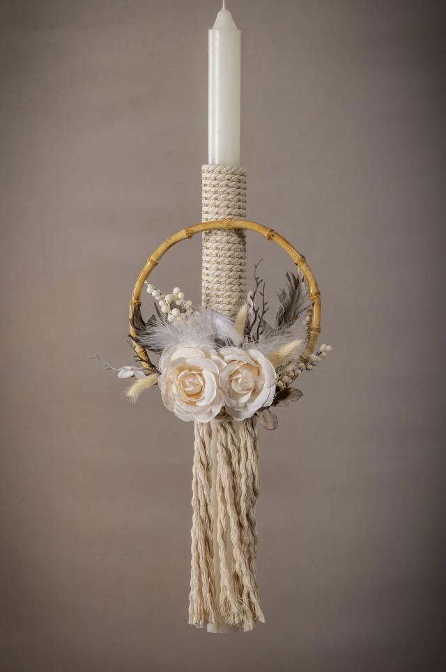 Boho Λαμπάδα Βάπτισης με Στεφάνι Bamboo & Μακραμέ