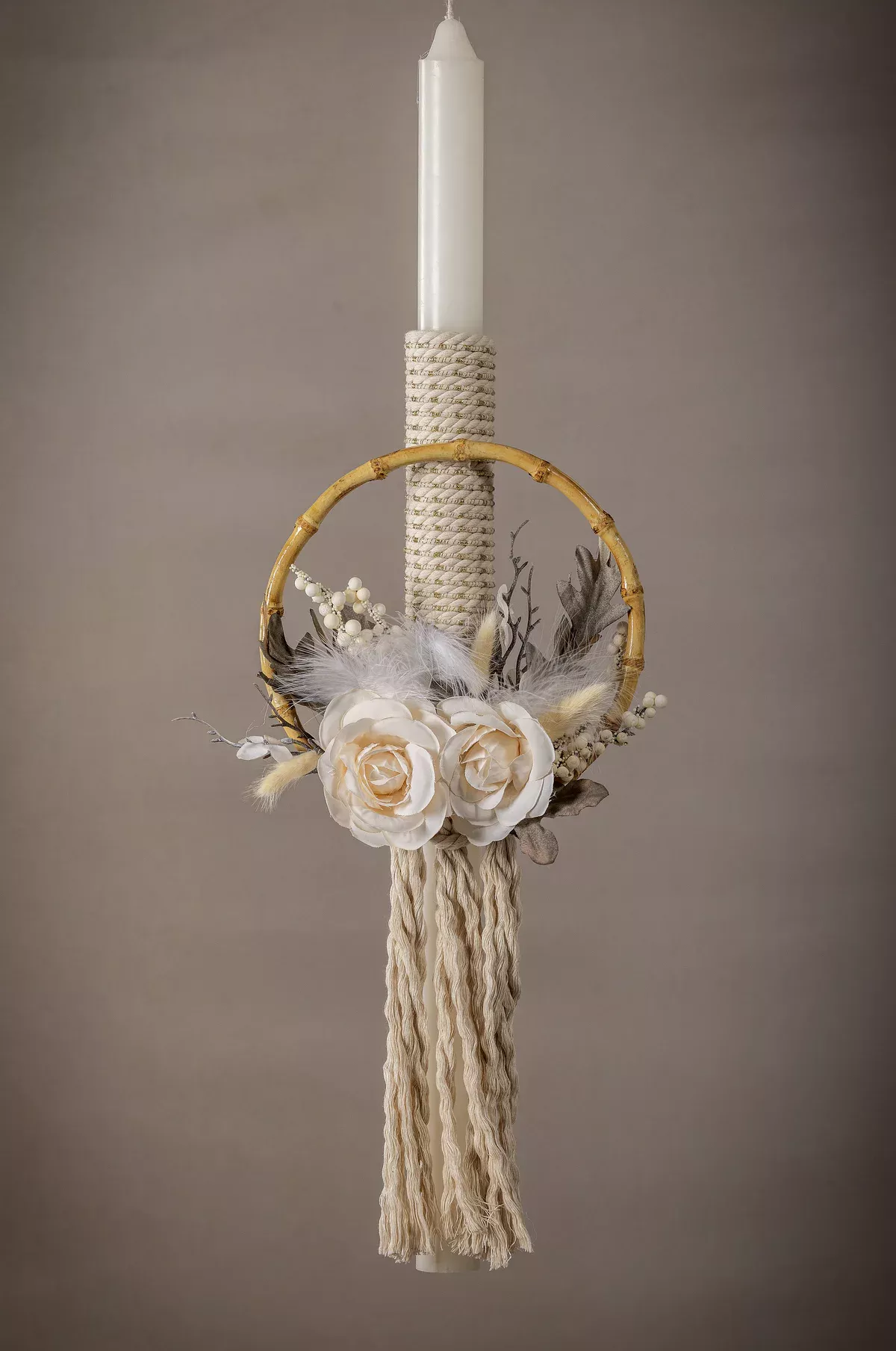 Boho Λαμπάδα Βάπτισης με Στεφάνι Bamboo & Μακραμέ - 1720